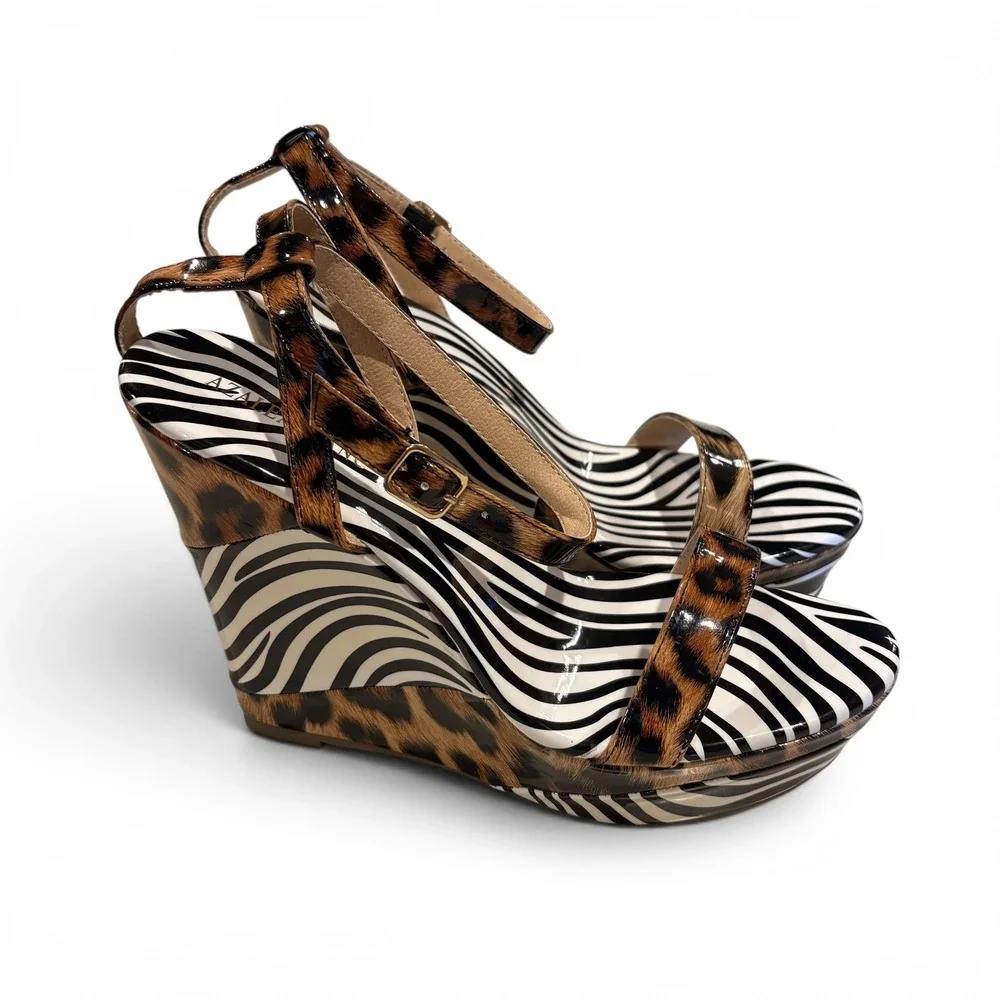 Azalea Wang Womens Leopard Zebra Print Platform Wedge Sandals Mixed Animal 8.5
